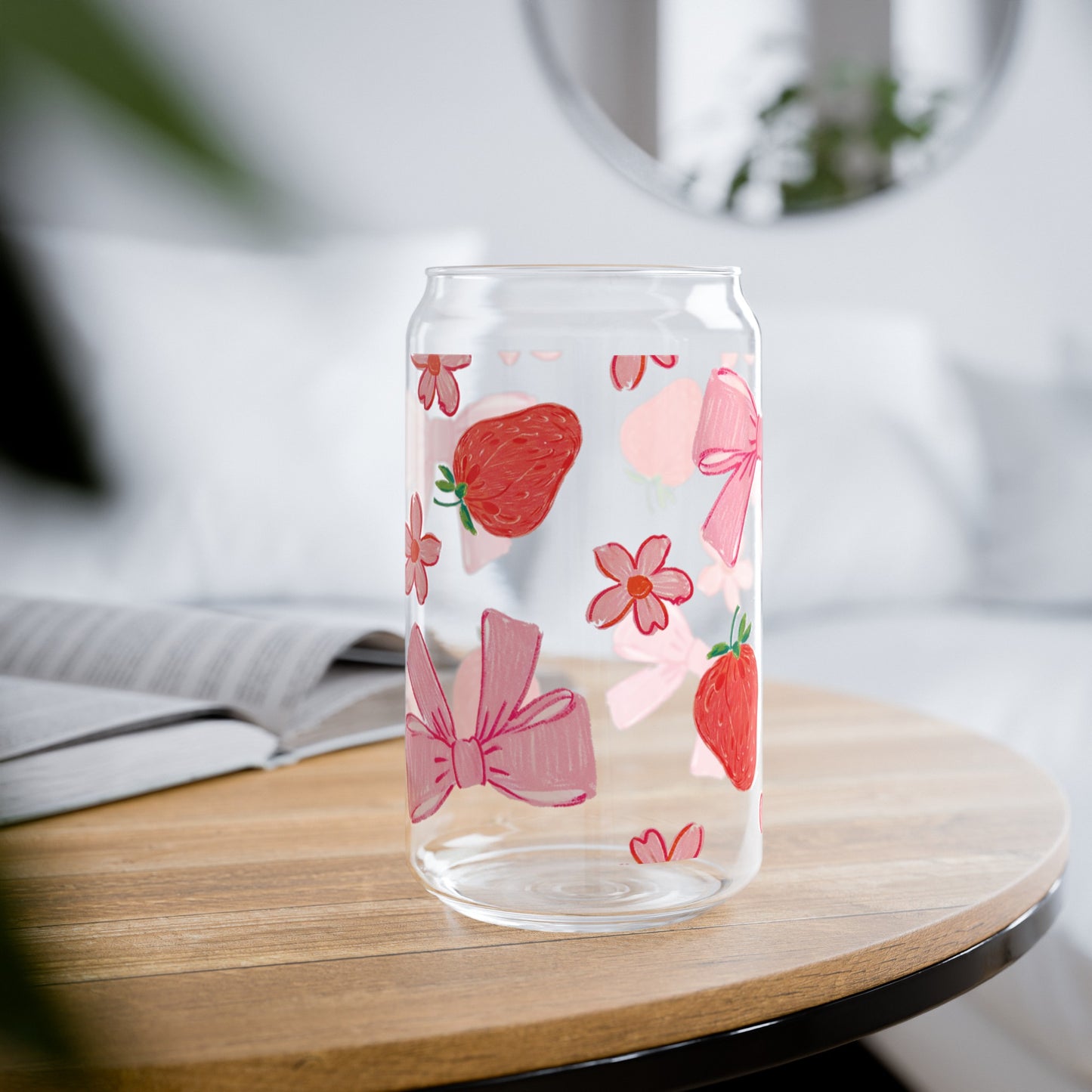 Vintage-Inspired Glass Cup featuring Delightful Strawberries, Flowers, and Bows Design