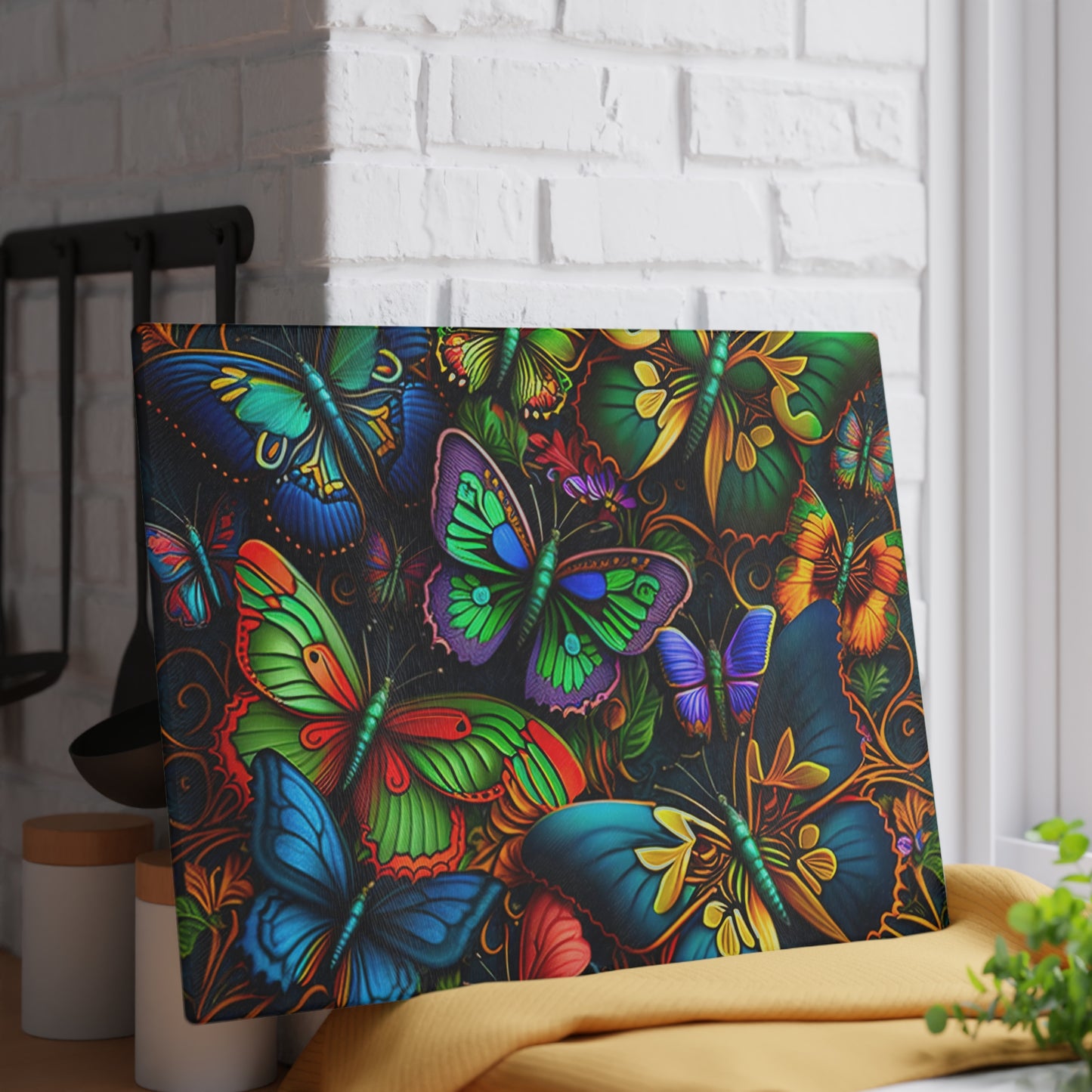 Vibrant Neon Butterflies Glass Cutting Board - Artistic Touches for Cooking and Serving