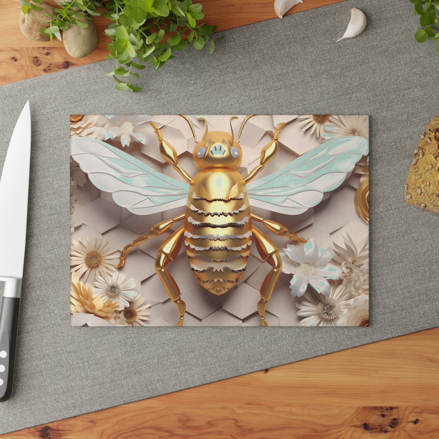 3D Golden Bee Glass Cutting Board