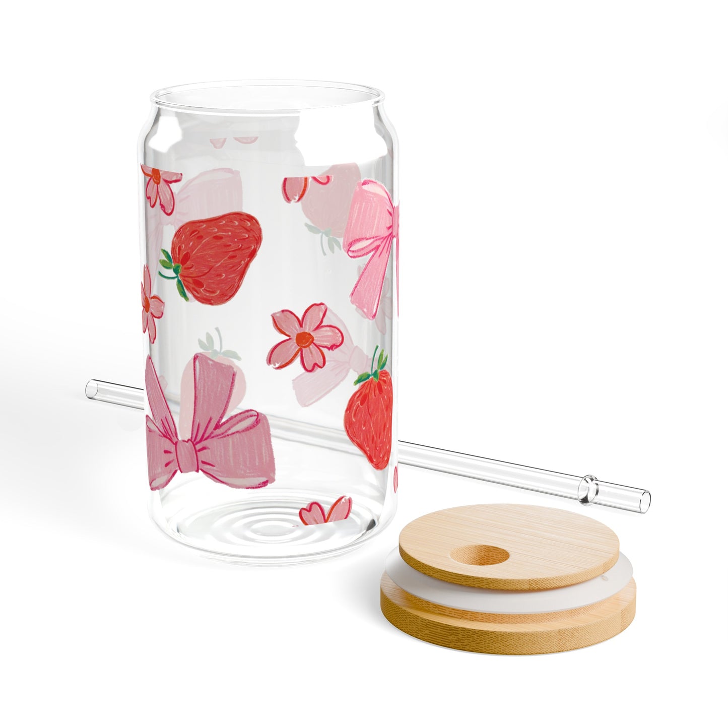 Vintage-Inspired Glass Cup featuring Delightful Strawberries, Flowers, and Bows Design