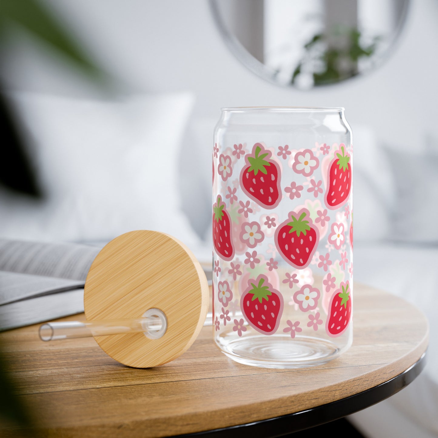 Vintage-Inspired Glass Cup with Strawberries and Flowers Design