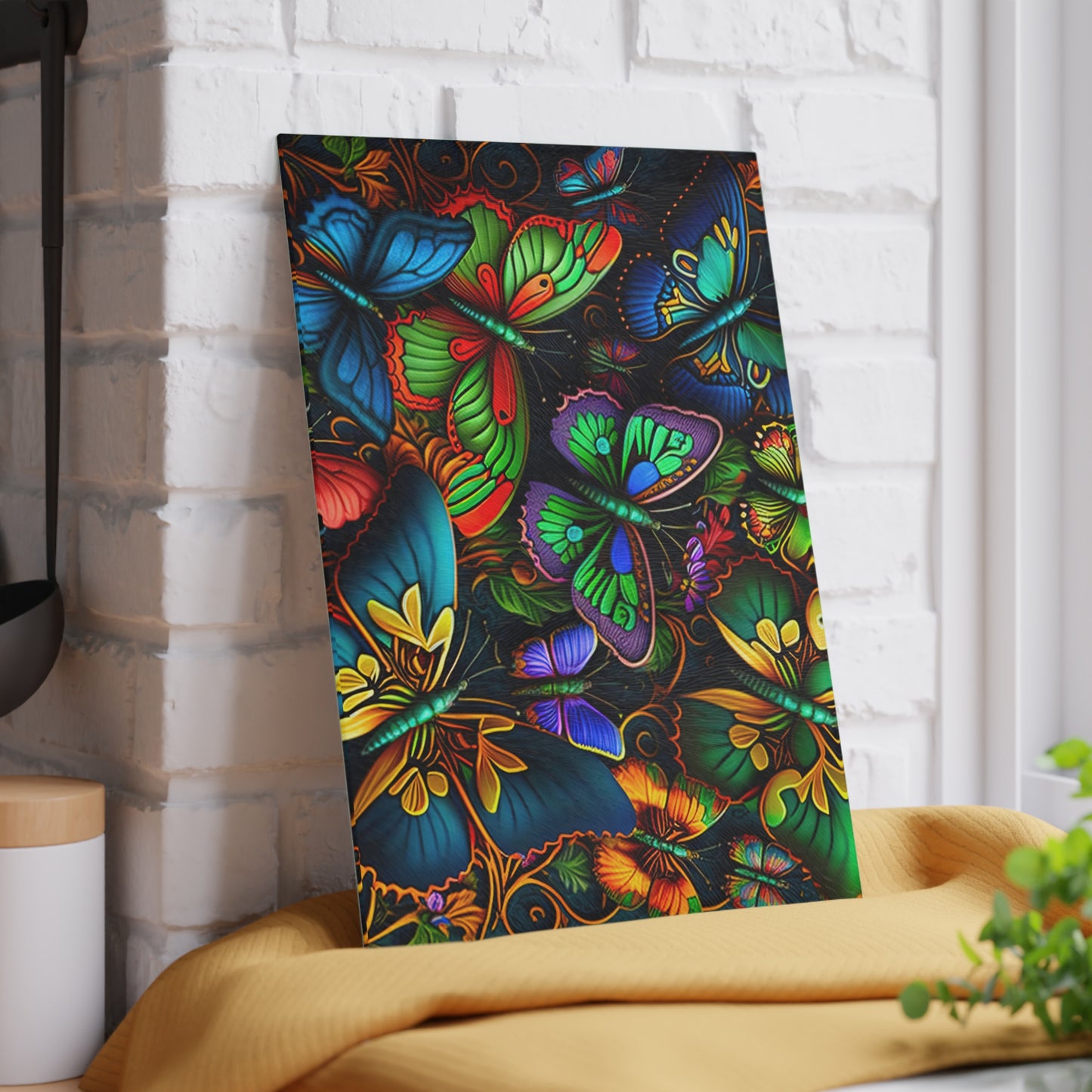 Vibrant Neon Butterflies Glass Cutting Board - Artistic Touches for Cooking and Serving