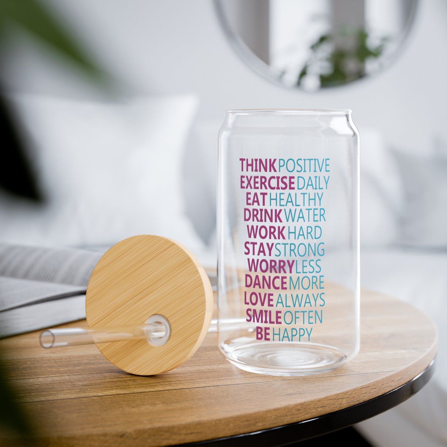 Think Positive Inspirational Glass Can Cup - Motivational Drinkware for Daily Encouragement