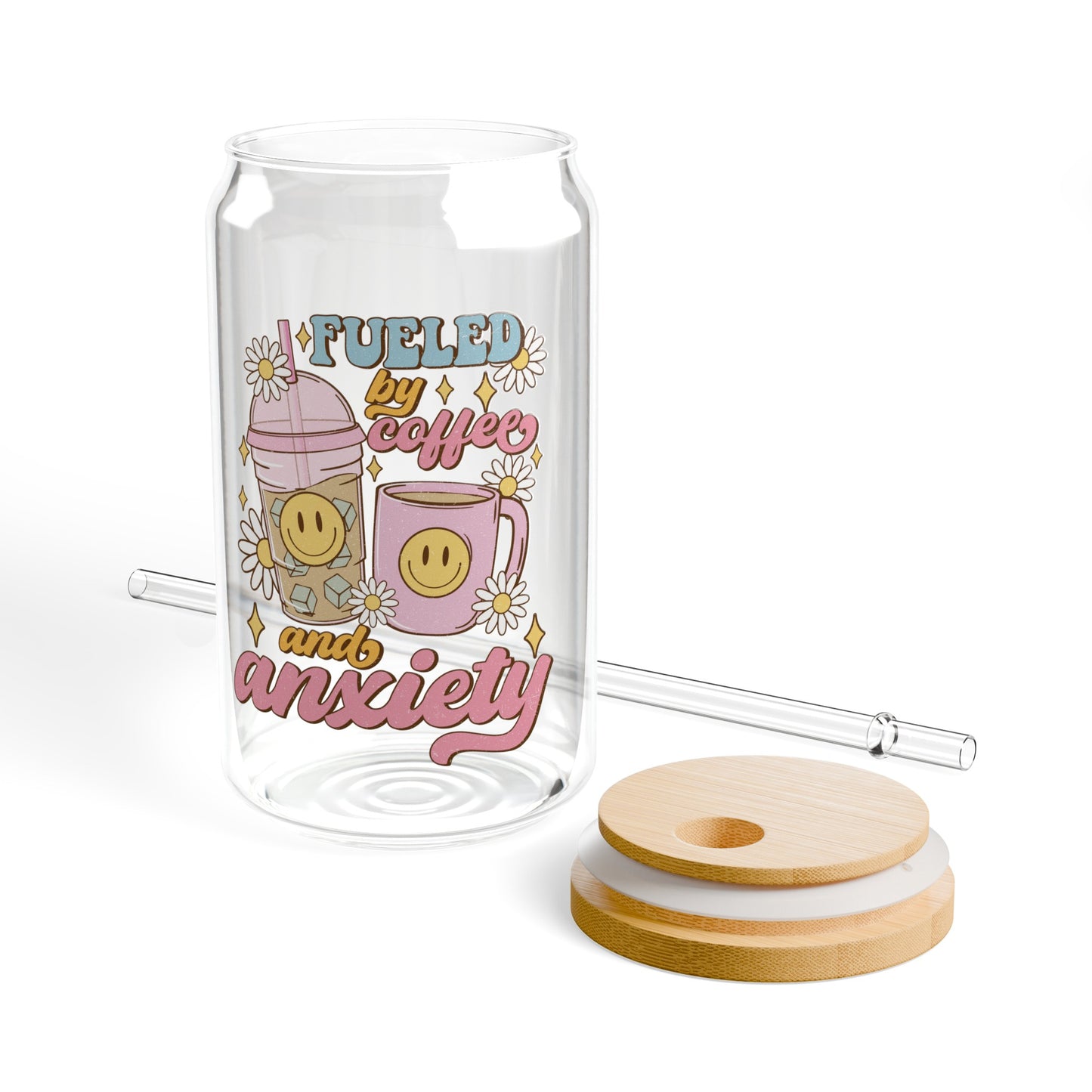 Fueled By Coffee And Anxiety Glass Can Cup - Funny Gift for Coffee Lovers