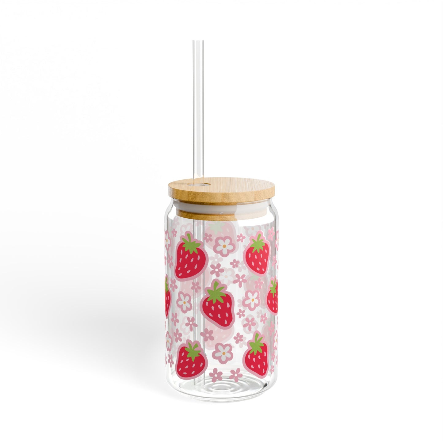 Vintage-Inspired Glass Cup with Strawberries and Flowers Design