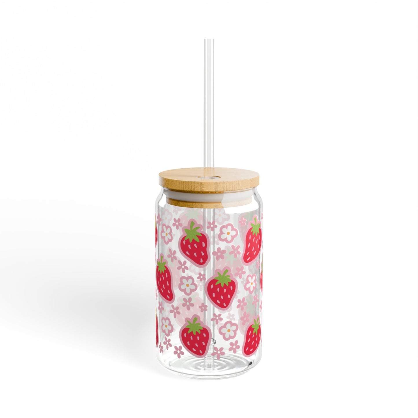 Vintage-Inspired Glass Cup with Strawberries and Flowers Design