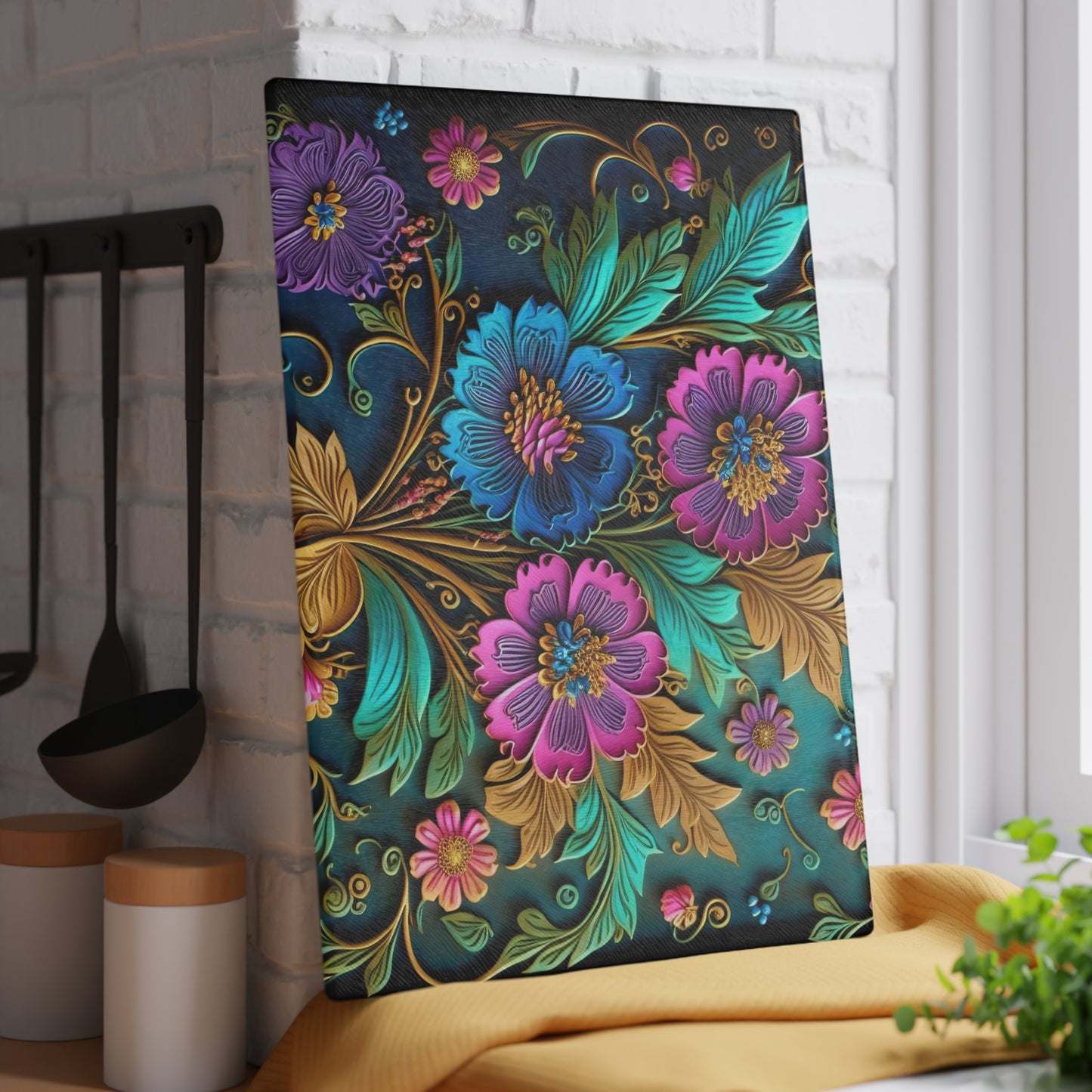 Elegant Glass Cutting Board with 3D Floral Designs - Practical and Beautiful