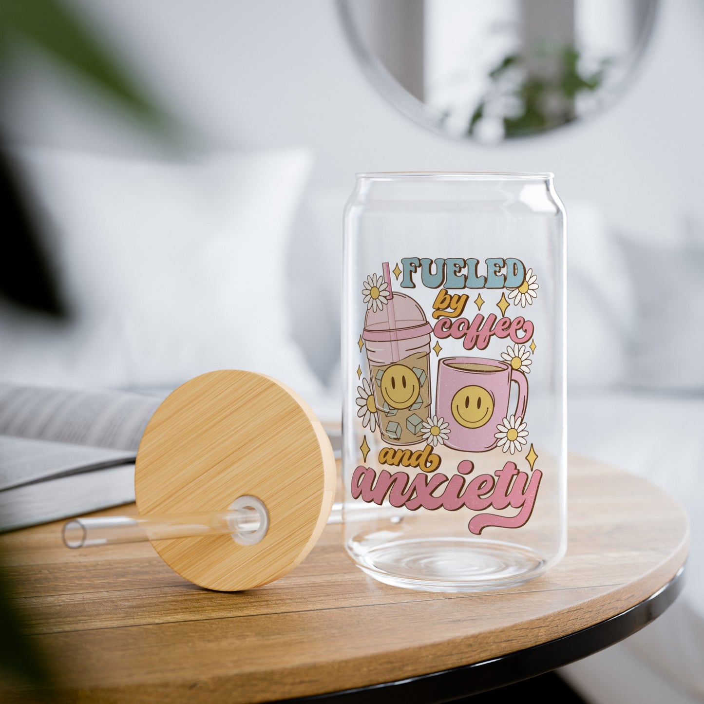 Fueled By Coffee And Anxiety Glass Can Cup - Funny Gift for Coffee Lovers