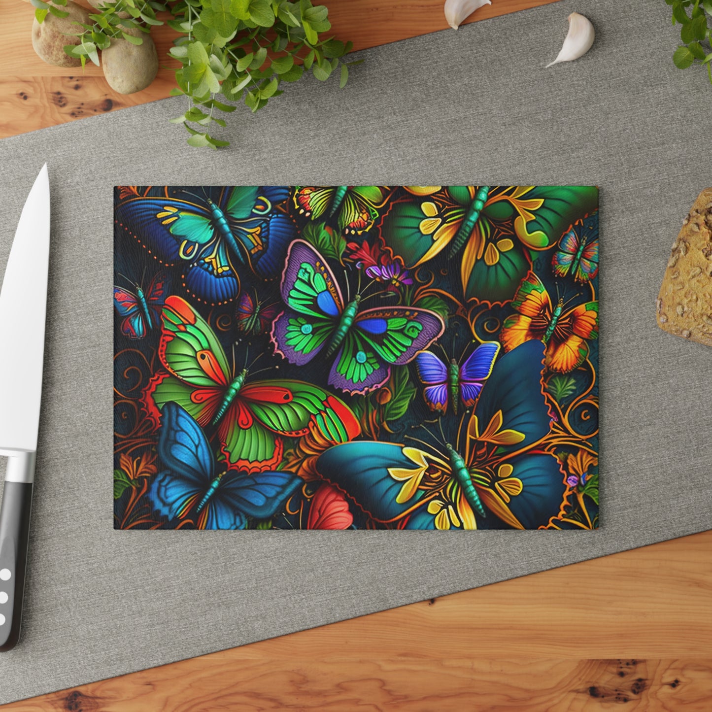 Vibrant Neon Butterflies Glass Cutting Board - Artistic Touches for Cooking and Serving