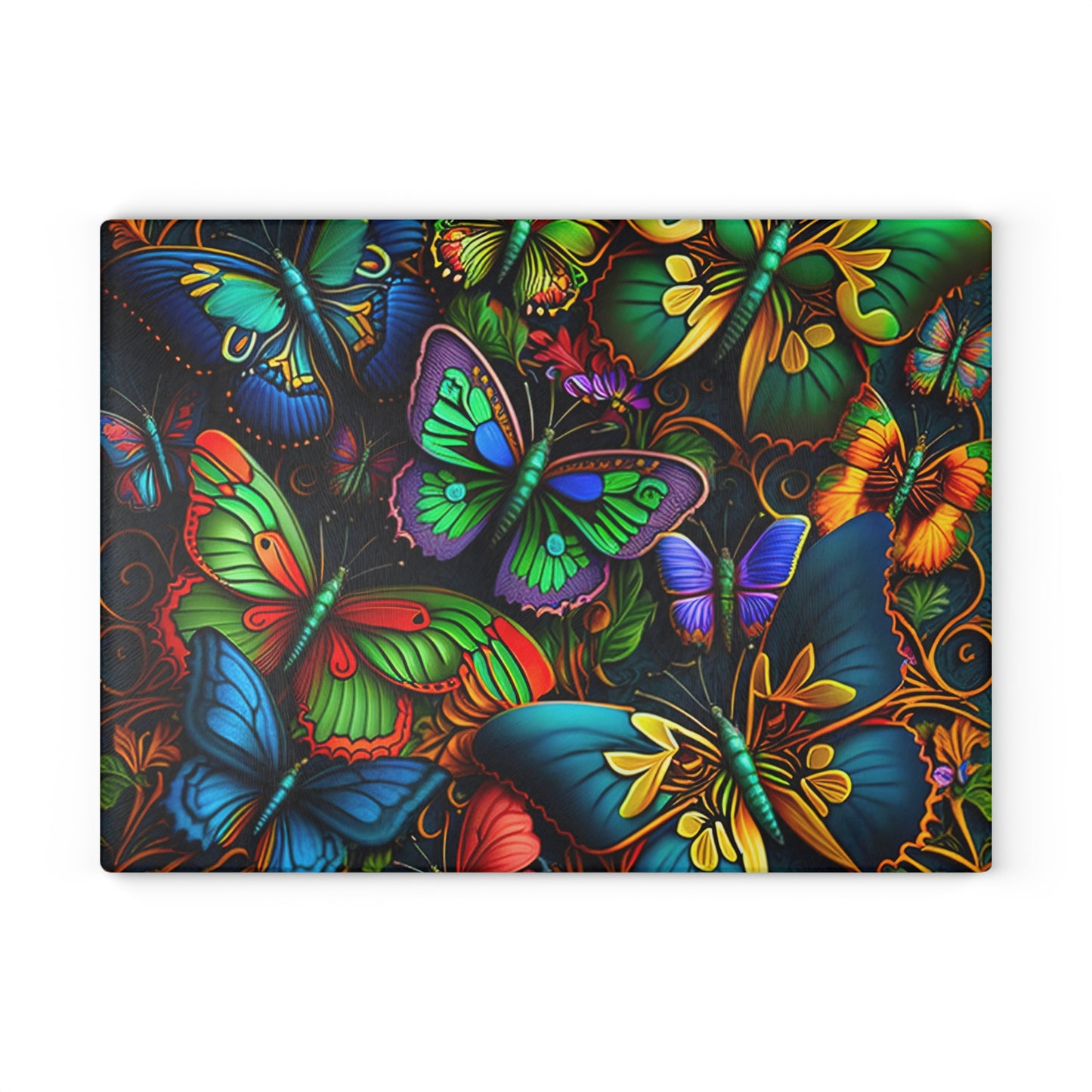 Vibrant Neon Butterflies Glass Cutting Board - Artistic Touches for Cooking and Serving