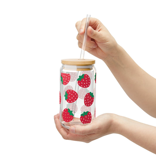 Strawberry Pattern Glass Can Cup - Farmhouse Kitchen Decor