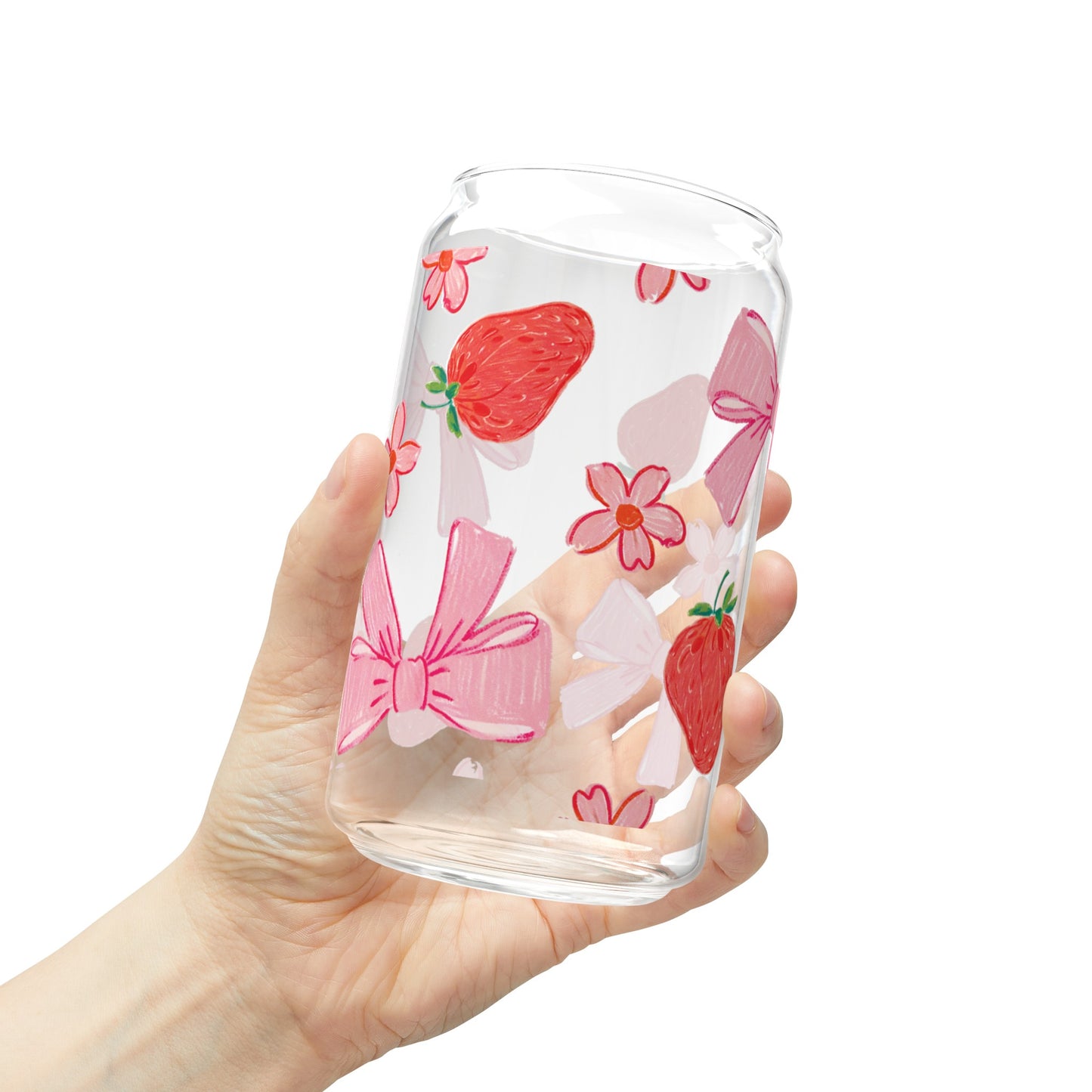 Vintage-Inspired Glass Cup featuring Delightful Strawberries, Flowers, and Bows Design