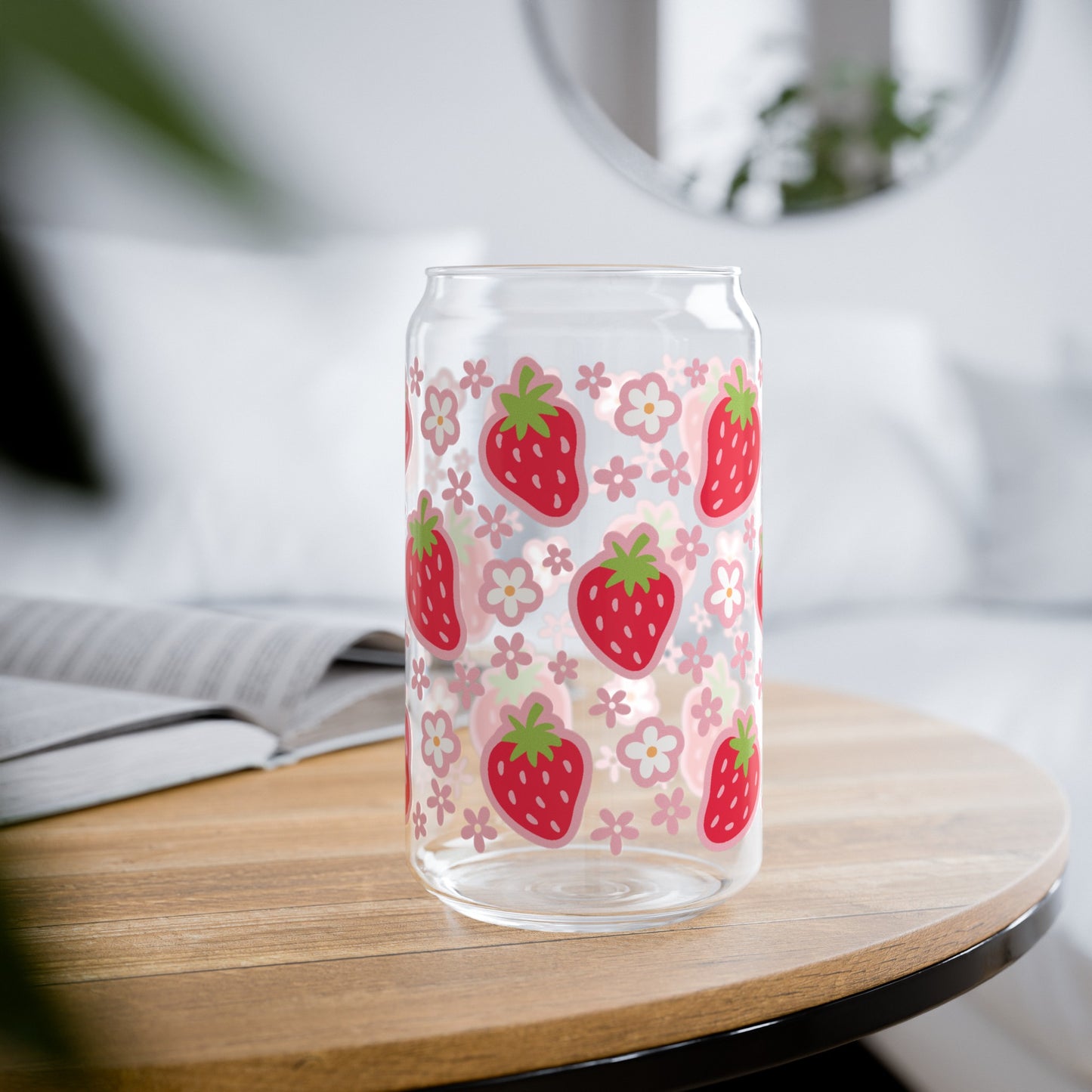 Vintage-Inspired Glass Cup with Strawberries and Flowers Design