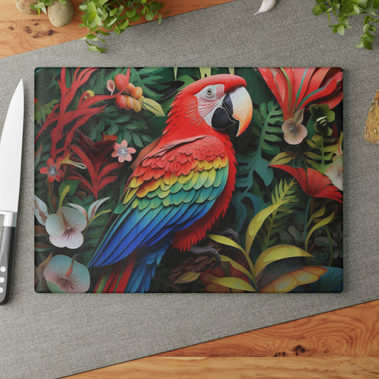 Tropical Vibes: Red Parrot Glass Cutting Board for Kitchen Decor