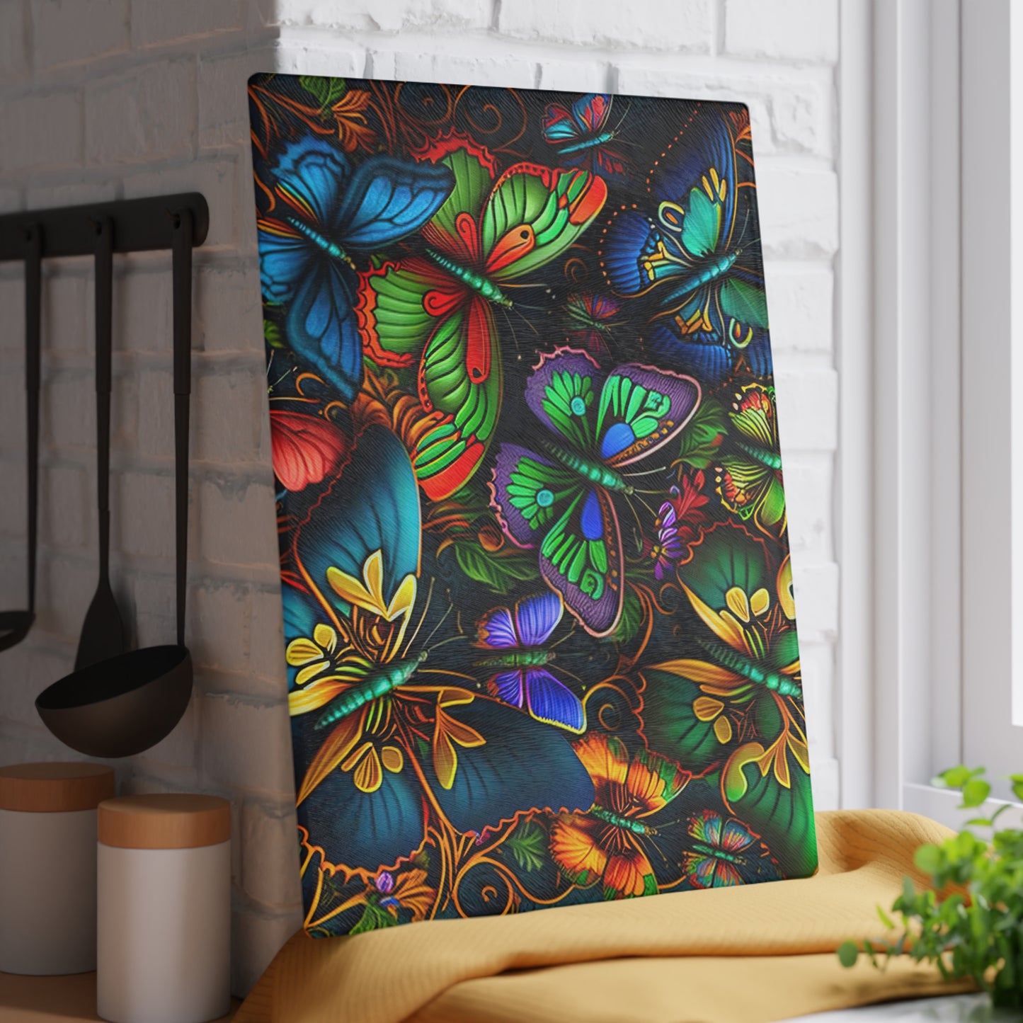 Vibrant Neon Butterflies Glass Cutting Board - Artistic Touches for Cooking and Serving