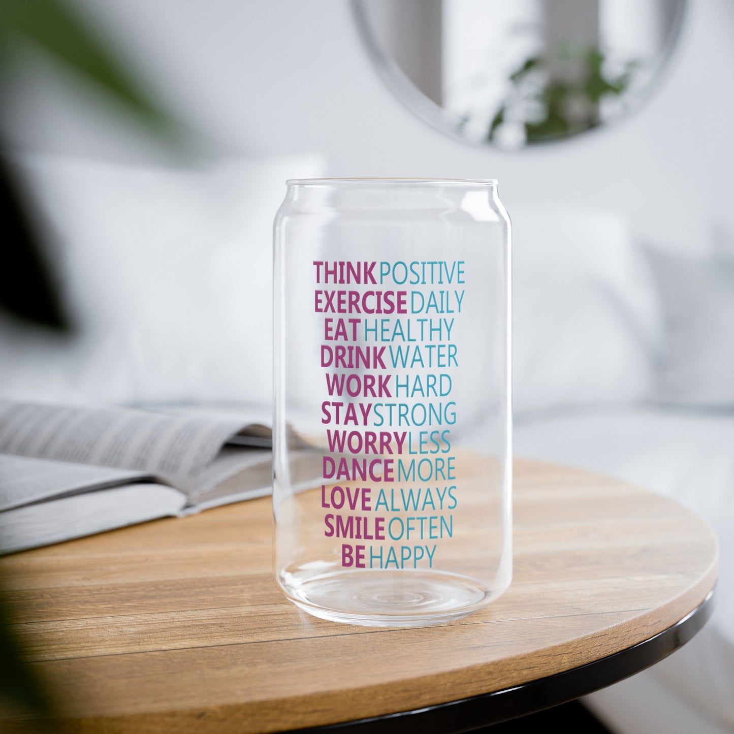 Think Positive Inspirational Glass Can Cup - Motivational Drinkware for Daily Encouragement