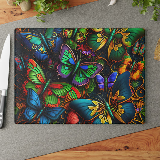 Vibrant Neon Butterflies Glass Cutting Board - Artistic Touches for Cooking and Serving