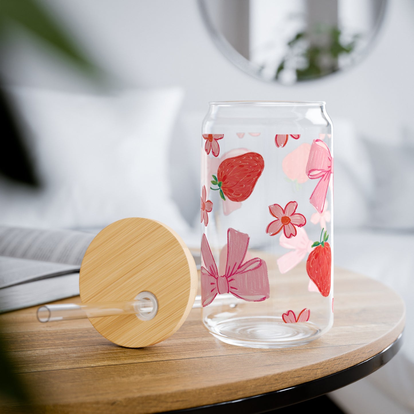 Vintage-Inspired Glass Cup featuring Delightful Strawberries, Flowers, and Bows Design