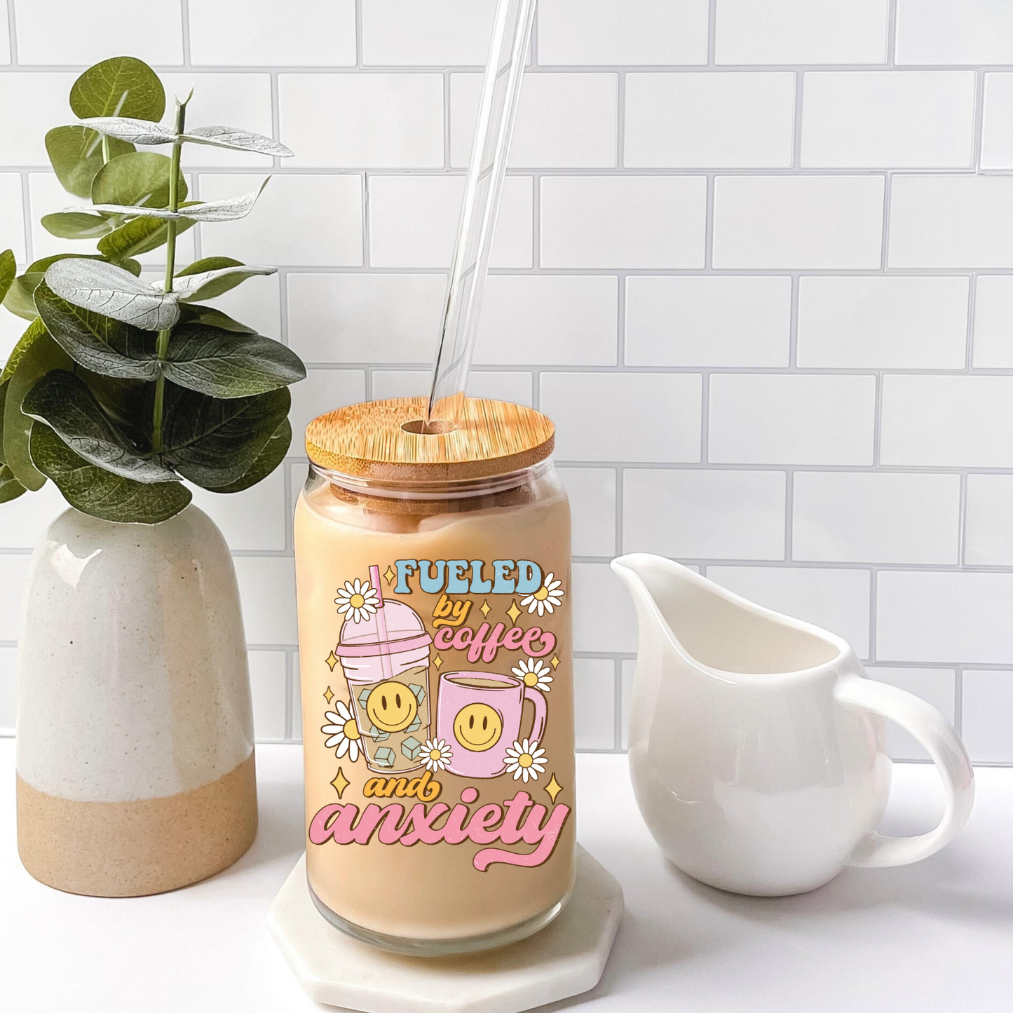 Fueled By Coffee And Anxiety Glass Can Cup - Funny Gift for Coffee Lovers