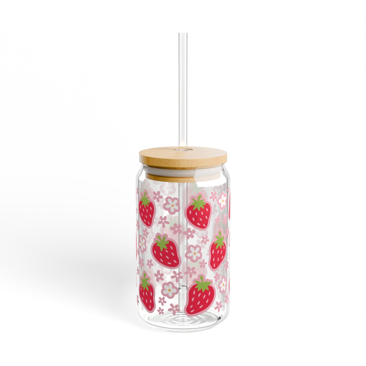 Vintage-Inspired Glass Cup with Strawberries and Flowers Design