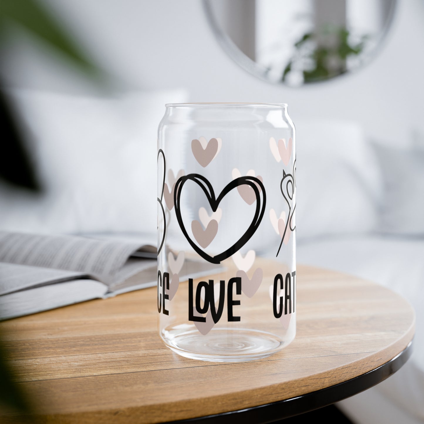 Peace Love Cats Glass Can Cup - Fun Feline Drinkware for Cat Owners