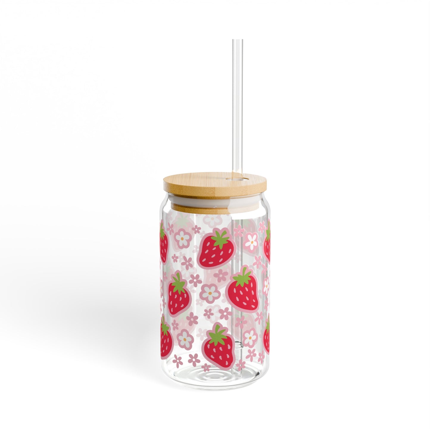 Vintage-Inspired Glass Cup with Strawberries and Flowers Design