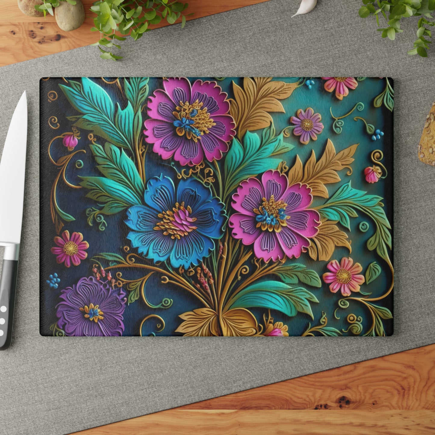 Elegant Glass Cutting Board with 3D Floral Designs - Practical and Beautiful