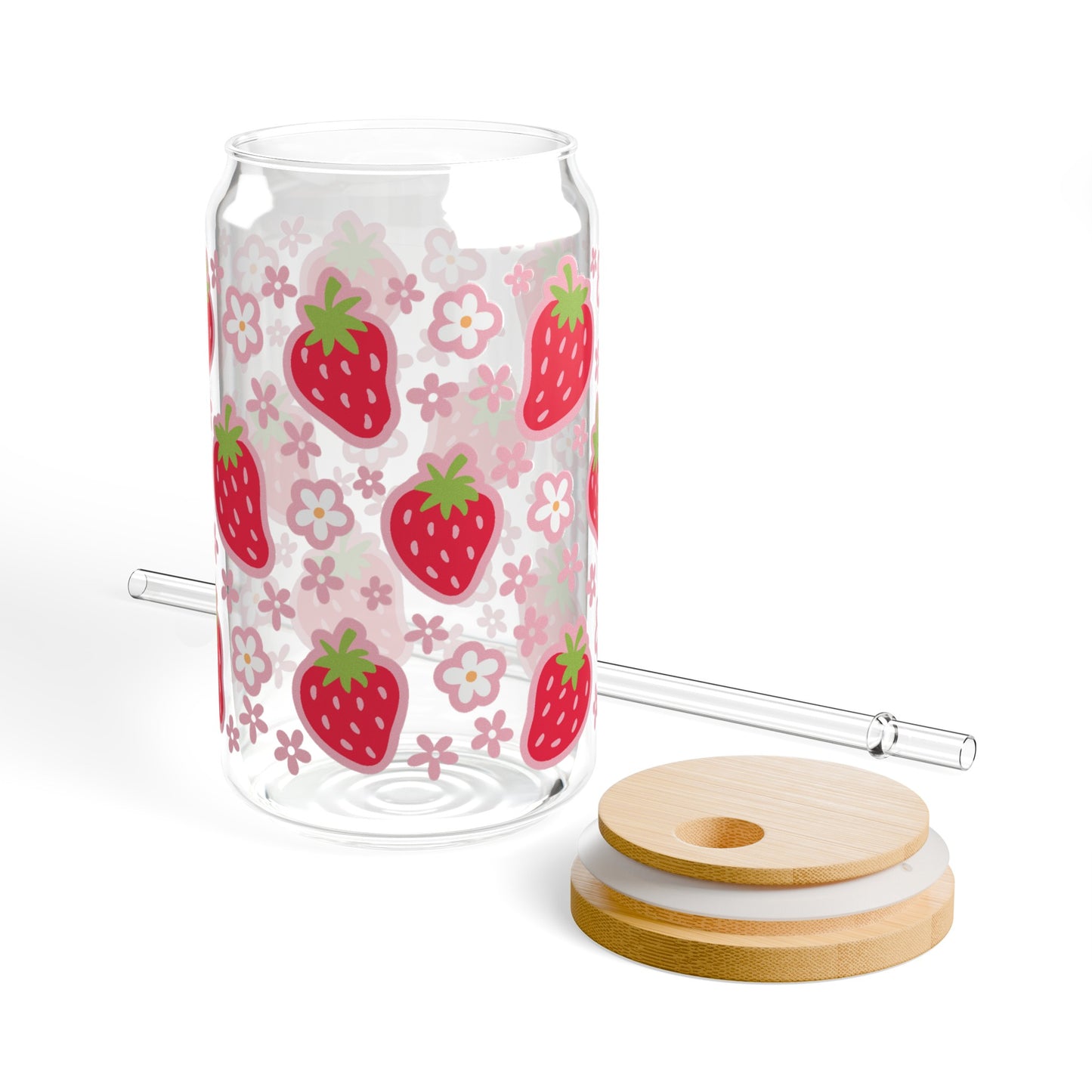 Vintage-Inspired Glass Cup with Strawberries and Flowers Design