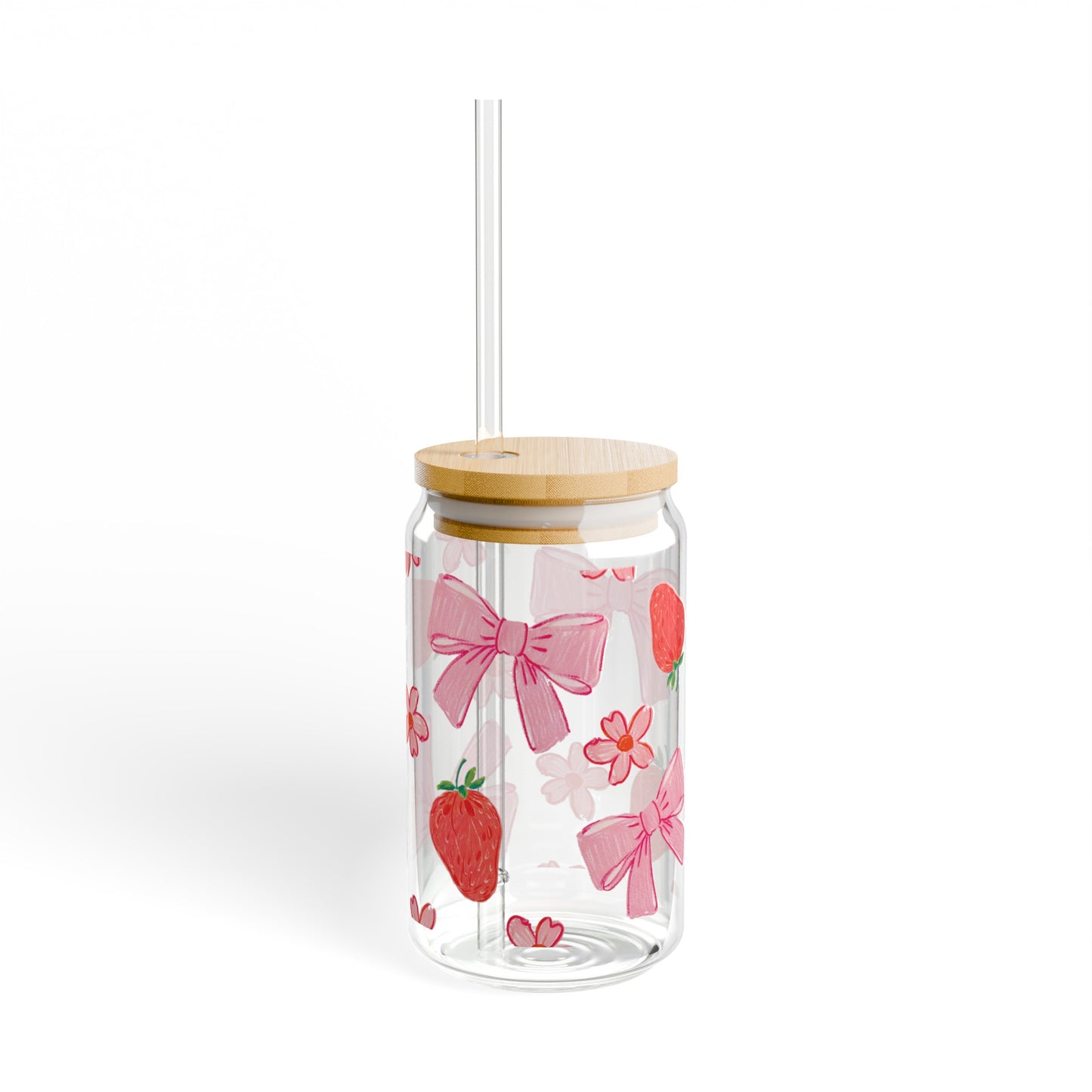 Vintage-Inspired Glass Cup featuring Delightful Strawberries, Flowers, and Bows Design