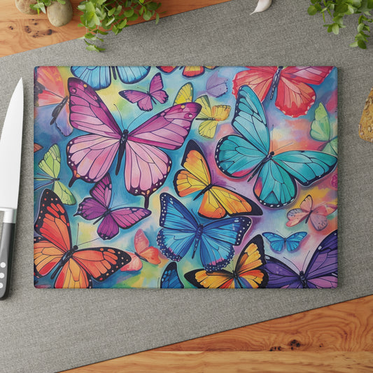 Whimsical Glass Cutting Board with Colorful Watercolor Butterflies - Kitchen Decor and Practicality Combined