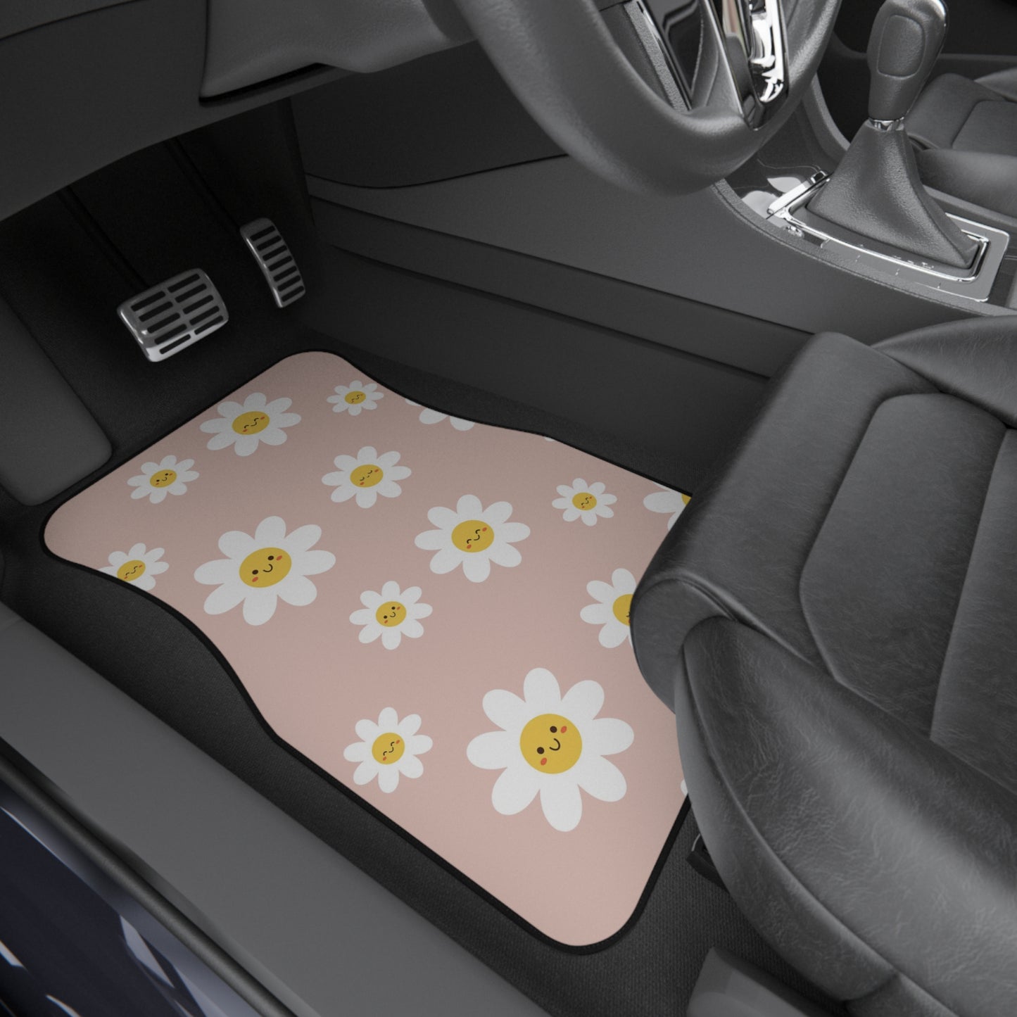 Drive in Style: Retro Car Floor Mat Set - Smiley Daisy Pattern, 4-Piece